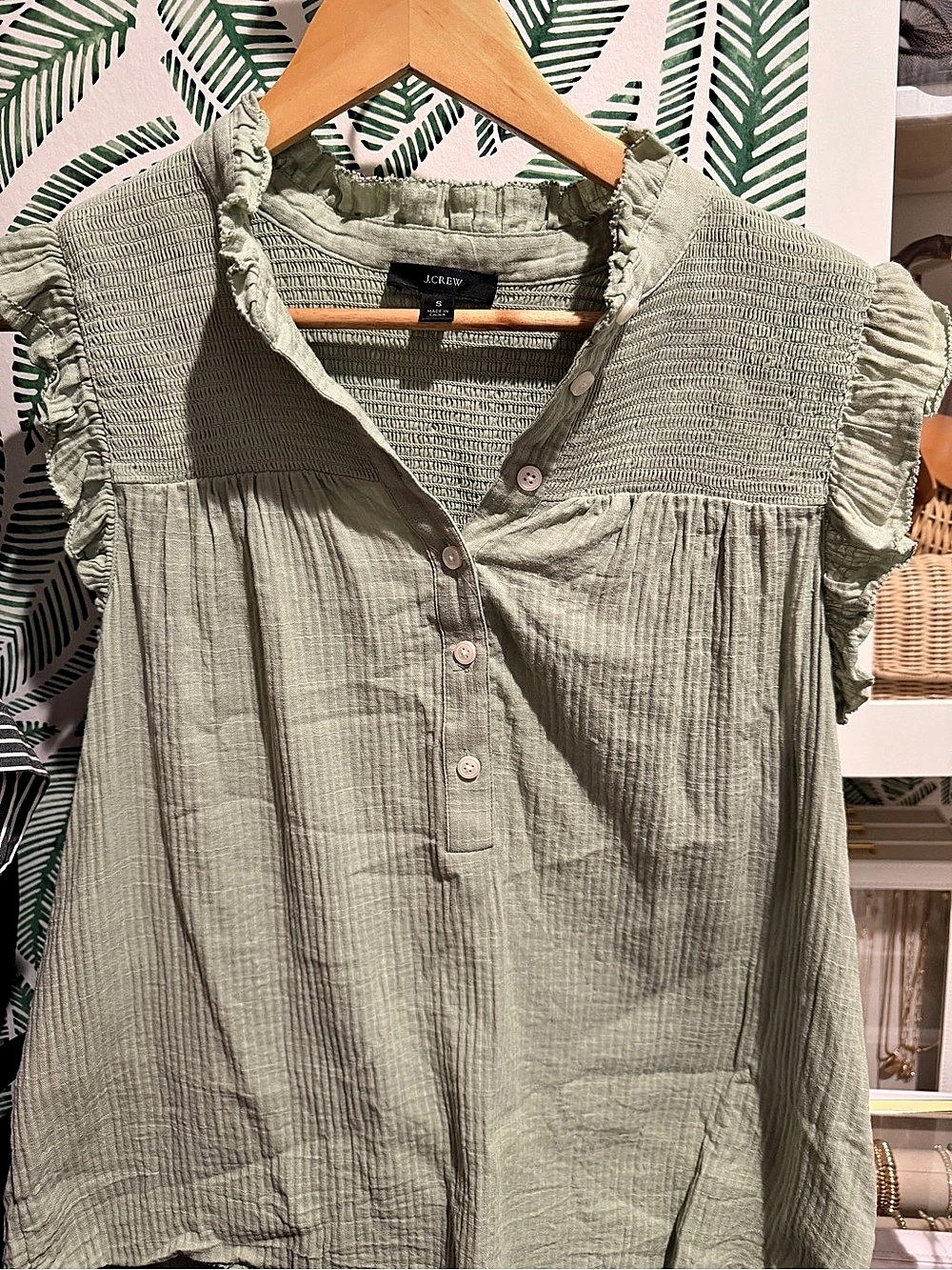 J.Crew Gauze Smocked Ruffleneck Top Green Small